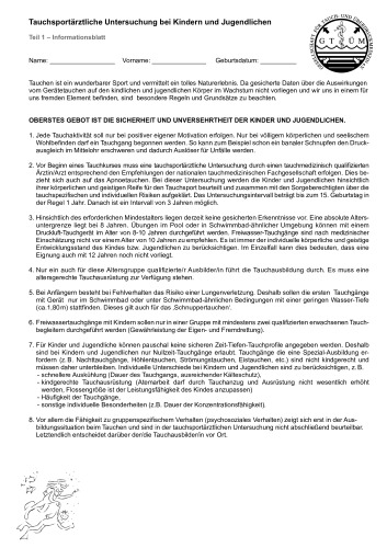 Tauchtauglichkeit Untersuchungsbogen der GTÜM für Kinder & Jugendliche